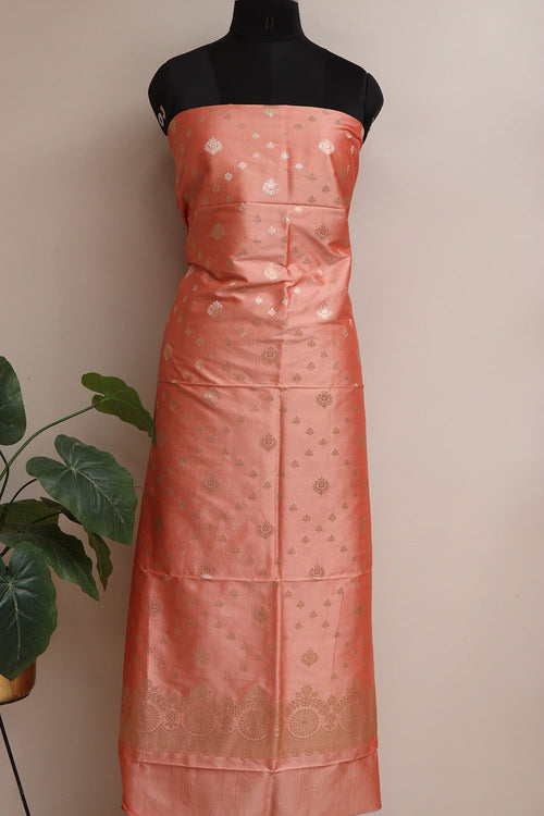 Peach Banarasi Silk Three Piece Unstitched Suit Set - Luxurion World