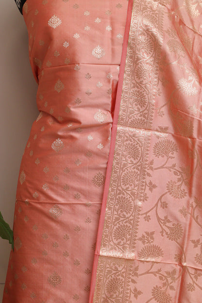 Peach Banarasi Silk Three Piece Unstitched Suit Set - Luxurion World