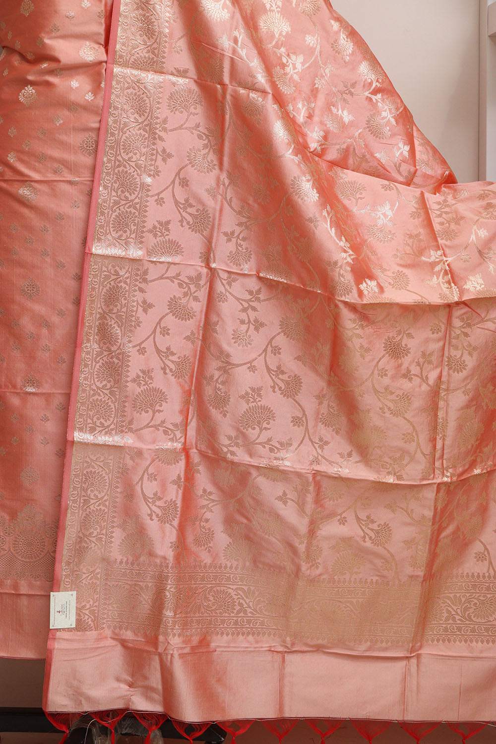 Peach Banarasi Silk Three Piece Unstitched Suit Set - Luxurion World