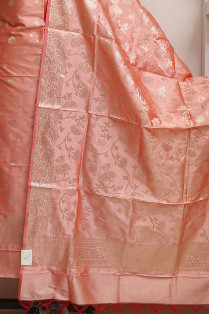Peach Banarasi Silk Three Piece Unstitched Suit Set - Luxurion World