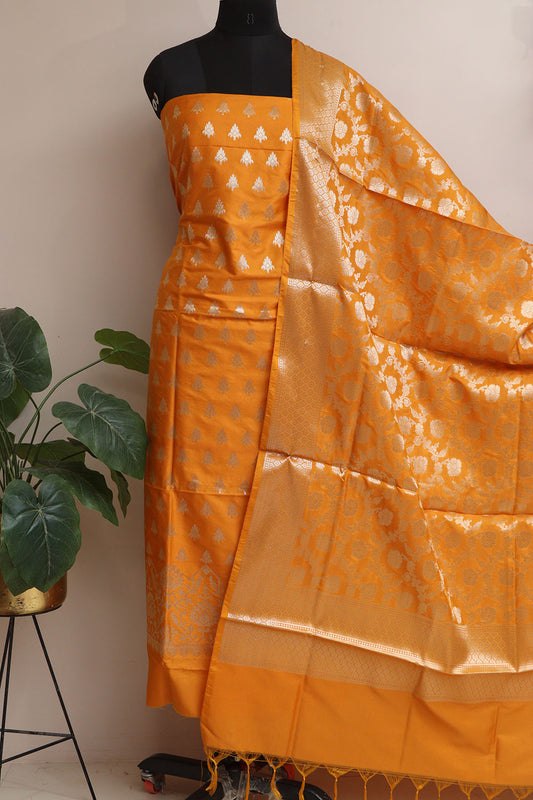 Elegant Orange Banarasi Silk Three Piece Unstitched Suit Set - Luxurion World