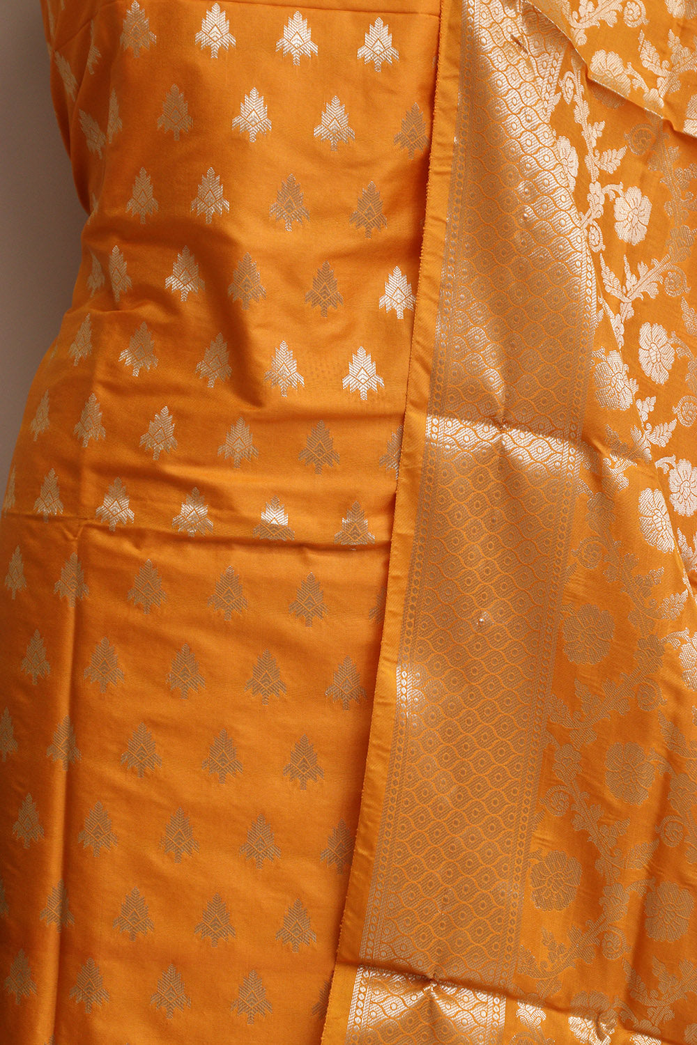 Elegant Orange Banarasi Silk Three Piece Unstitched Suit Set - Luxurion World