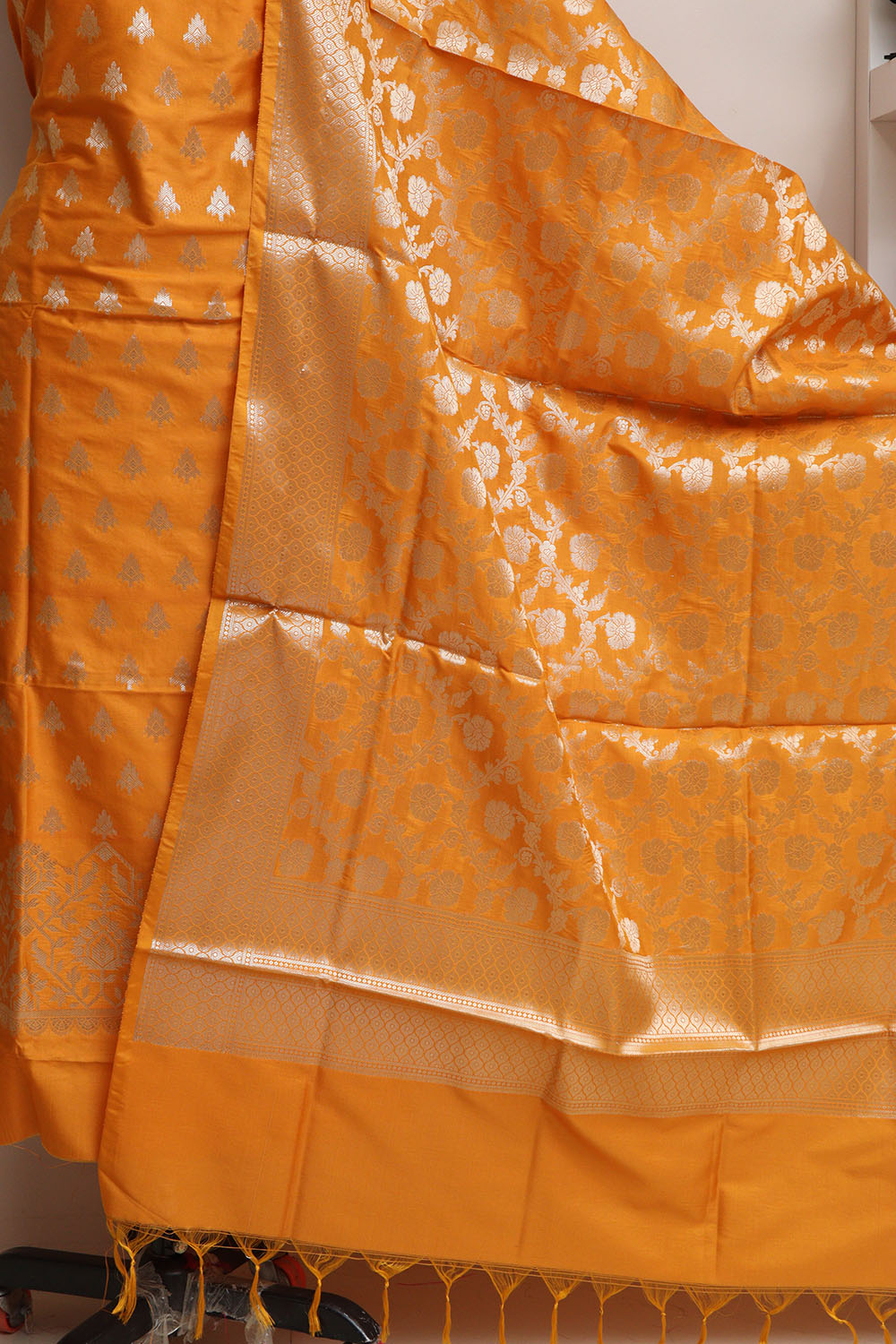 Elegant Orange Banarasi Silk Three Piece Unstitched Suit Set - Luxurion World