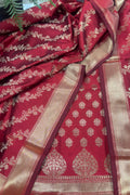 IS4B1GF226071301 Red Banarasi Silk Three Piece Unstitched Suit Set