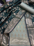 IS4B1GF226071302 Grey Banarasi Silk Three Piece Unstitched Suit Set