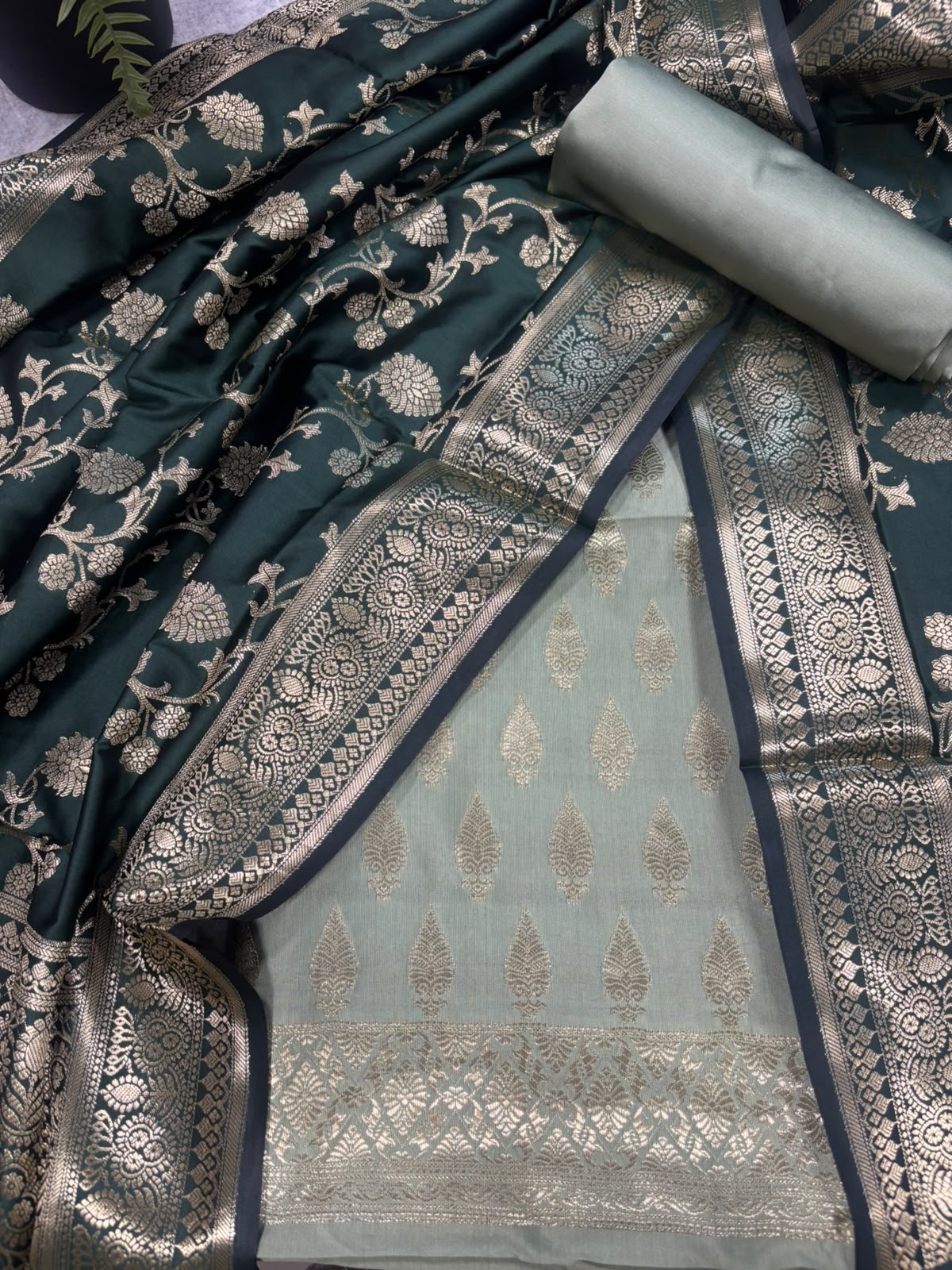 IS4B1GF226071302 Grey Banarasi Silk Three Piece Unstitched Suit Set
