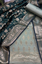 IS4B1GF226071302 Grey Banarasi Silk Three Piece Unstitched Suit Set