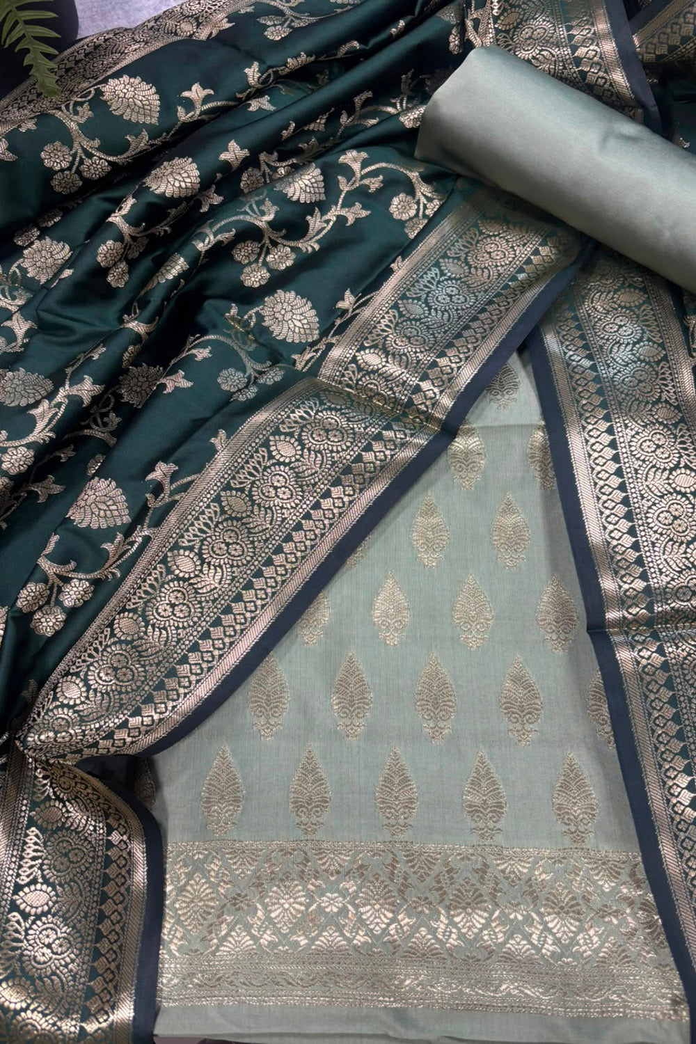 IS4B1GF226071302 Grey Banarasi Silk Three Piece Unstitched Suit Set