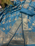 IS4B1GF226071303 Blue Banarasi Silk Three Piece Unstitched Suit Set