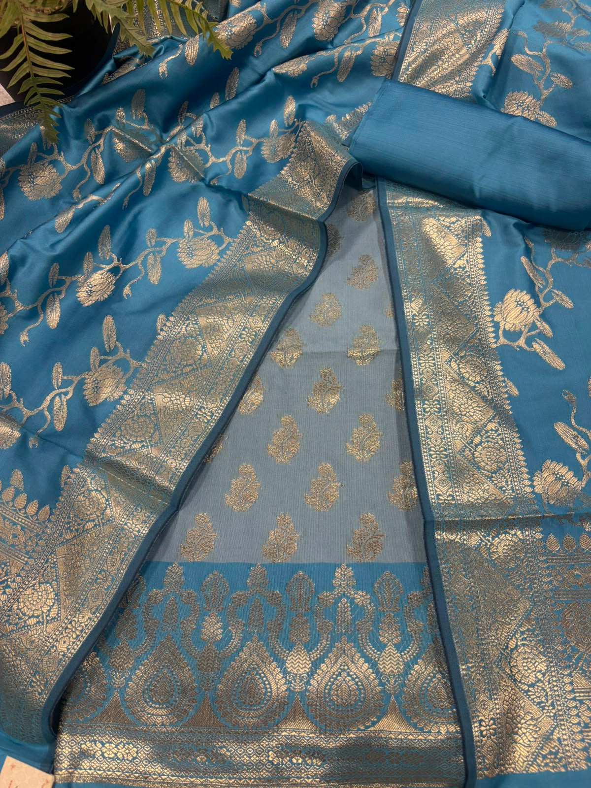 IS4B1GF226071303 Blue Banarasi Silk Three Piece Unstitched Suit Set