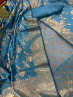 IS4B1GF226071303 Blue Banarasi Silk Three Piece Unstitched Suit Set