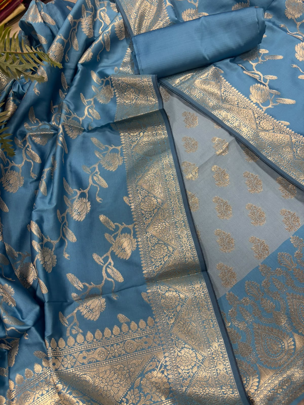 IS4B1GF226071303 Blue Banarasi Silk Three Piece Unstitched Suit Set