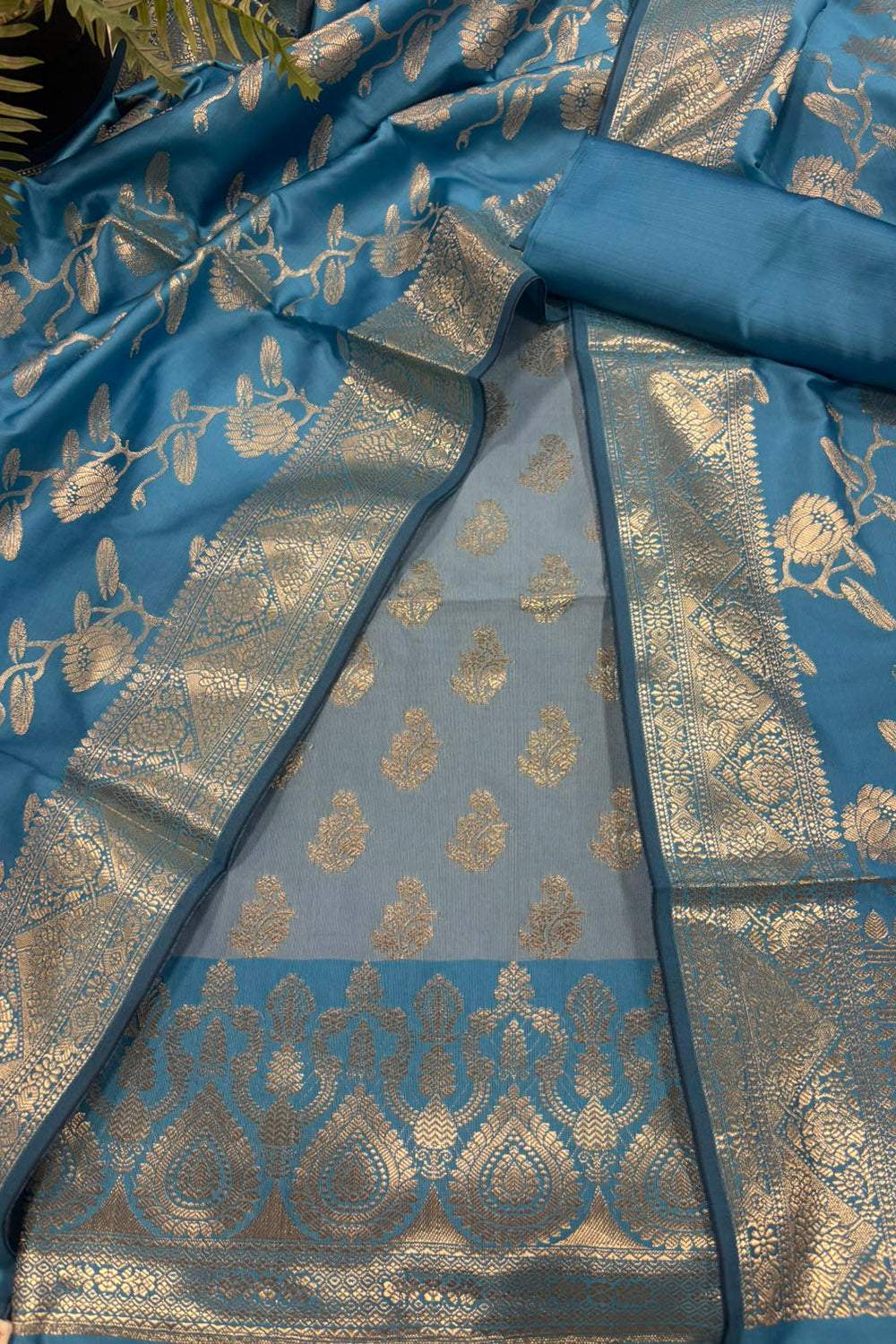 IS4B1GF226071303 Blue Banarasi Silk Three Piece Unstitched Suit Set