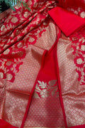 IS4B1GF226071304 Red Banarasi Silk Three Piece Unstitched Suit Set