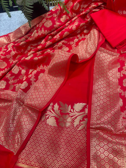IS4B1GF226071304 Red Banarasi Silk Three Piece Unstitched Suit Set