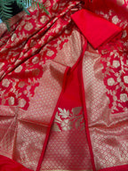 IS4B1GF226071304 Red Banarasi Silk Three Piece Unstitched Suit Set