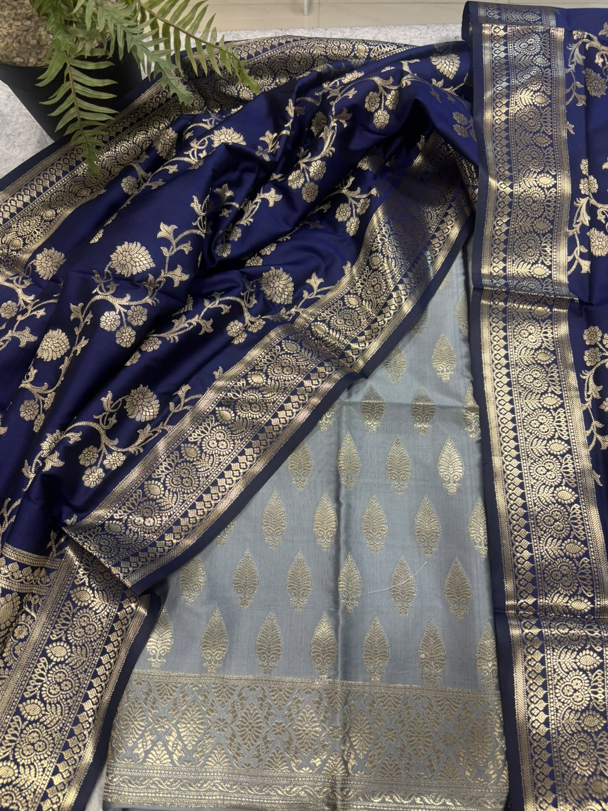 IS4B1GF226071305 Grey Banarasi Silk Three Piece Unstitched Suit Set