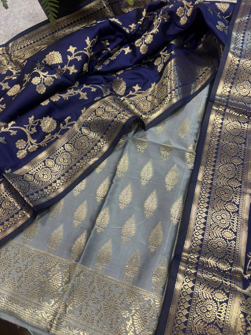 IS4B1GF226071305 Grey Banarasi Silk Three Piece Unstitched Suit Set