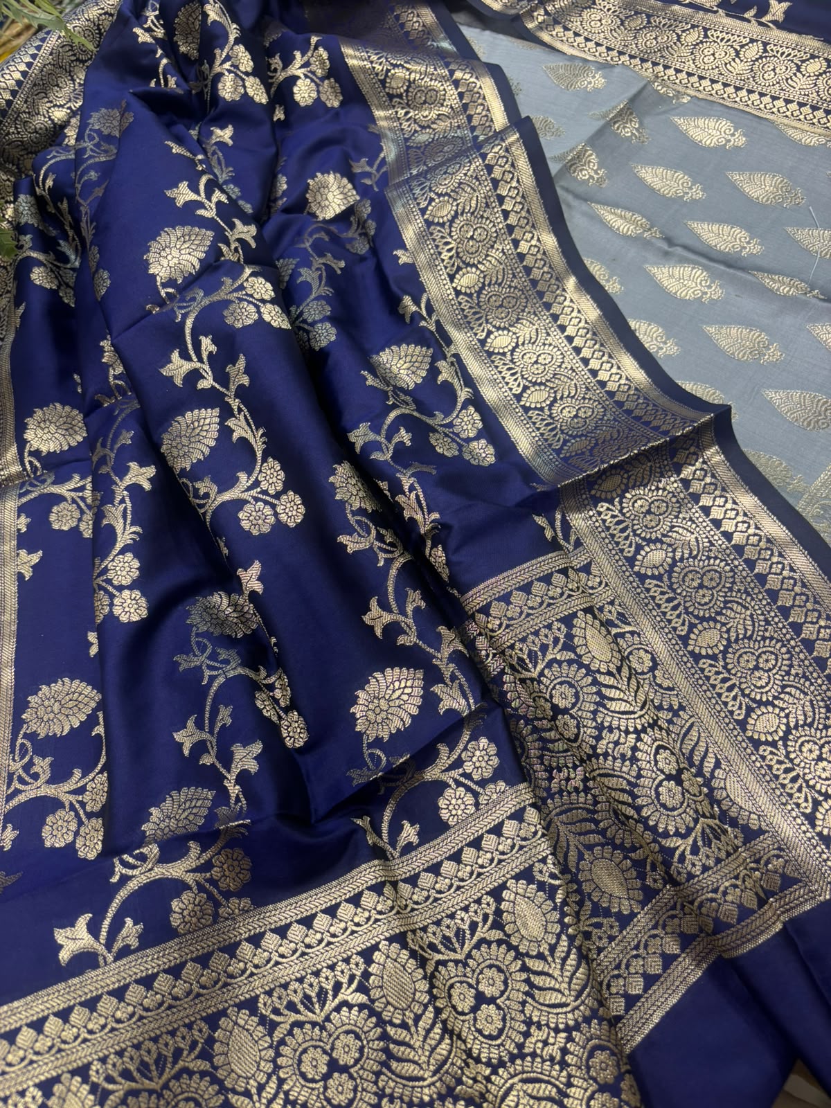 IS4B1GF226071305 Grey Banarasi Silk Three Piece Unstitched Suit Set