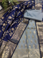 IS4B1GF226071305 Grey Banarasi Silk Three Piece Unstitched Suit Set