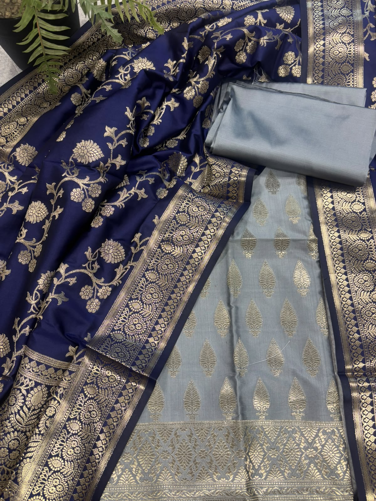 IS4B1GF226071305 Grey Banarasi Silk Three Piece Unstitched Suit Set