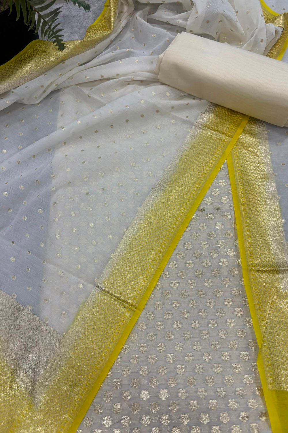 White Banarasi Chanderi Silk Unstitched Suit Set — Festive