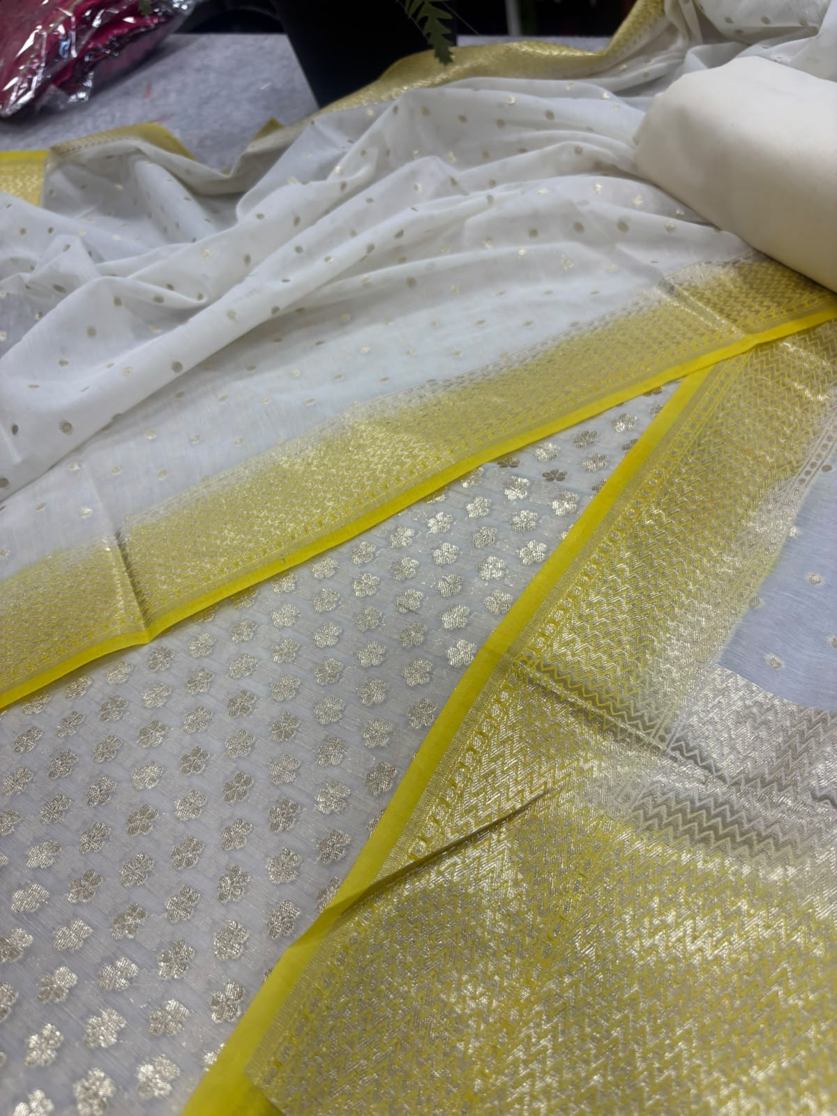 White Banarasi Chanderi Silk Unstitched Suit Set — Festive