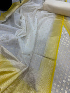 White Banarasi Chanderi Silk Unstitched Suit Set — Festive