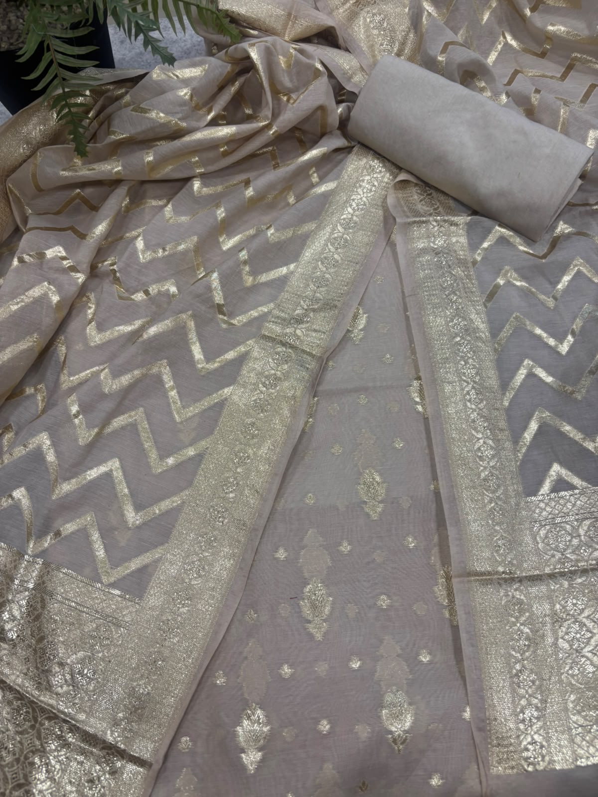 Pastel Banarasi Chanderi Silk Unstitched Suit Set — Festive