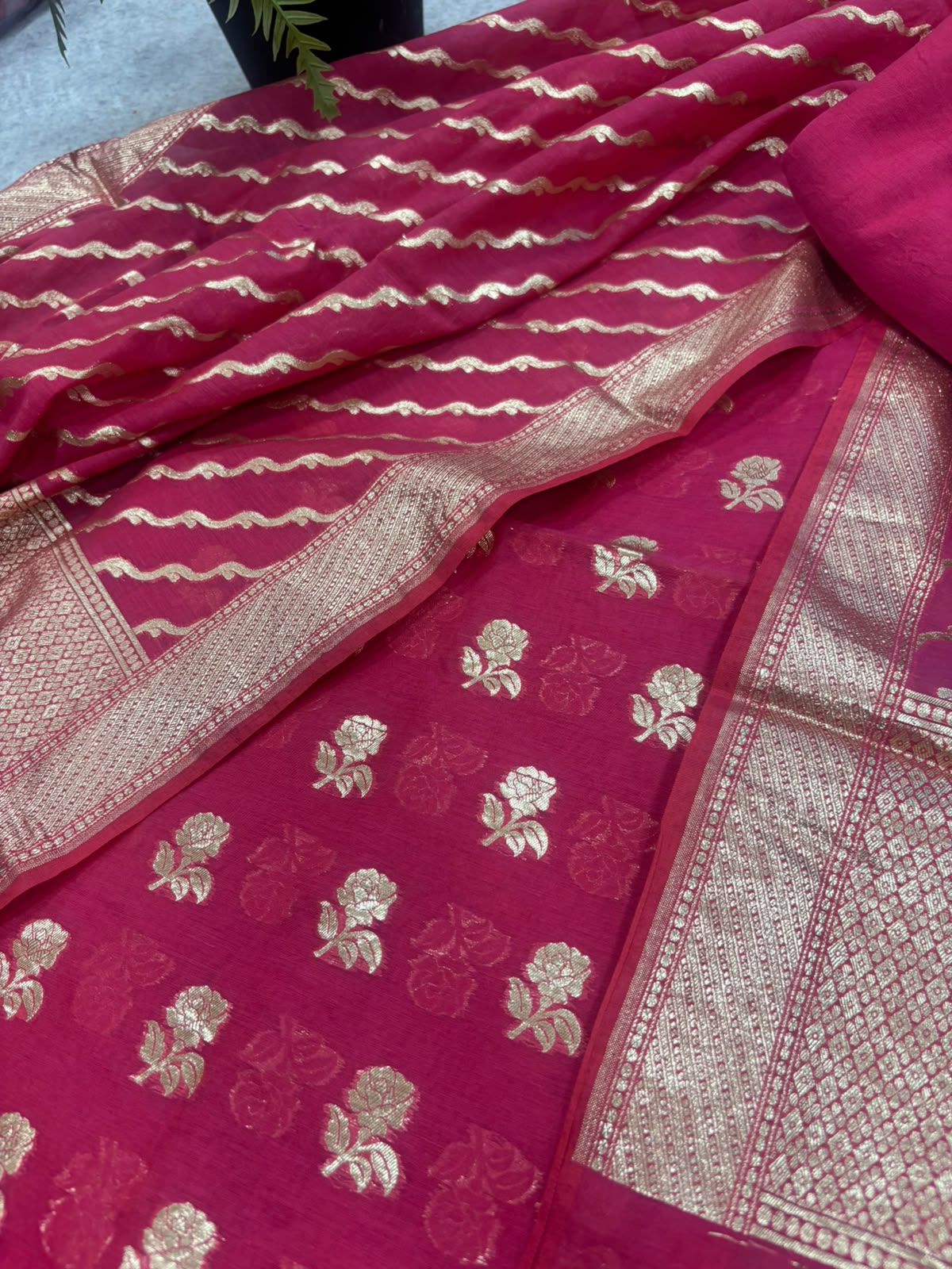 Pink Banarasi Chanderi Silk Unstitched Suit Set — Festive
