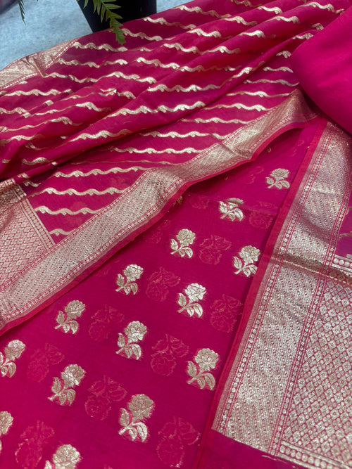 Pink Banarasi Chanderi Silk Unstitched Suit Set — Festive
