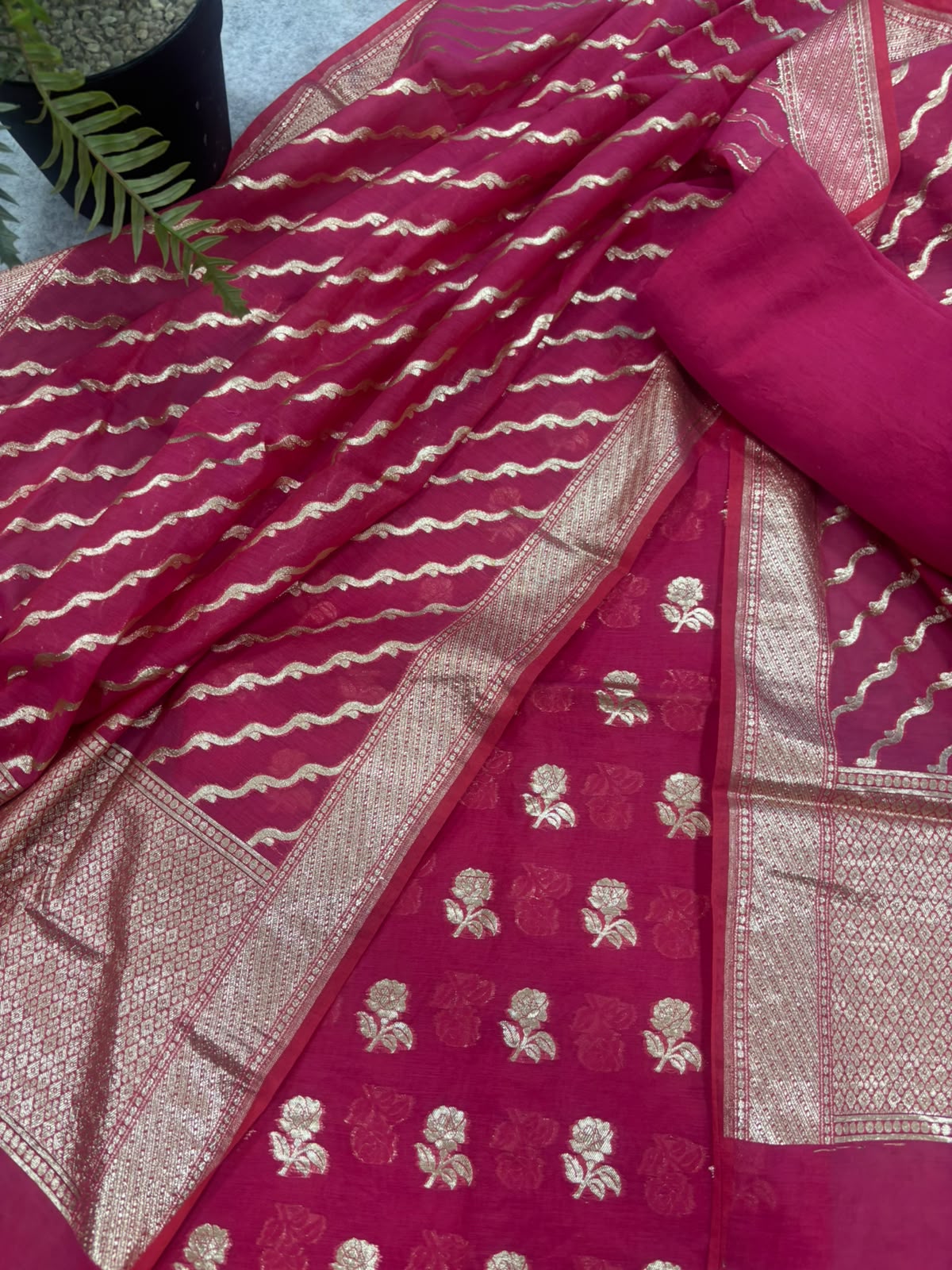 Pink Banarasi Chanderi Silk Unstitched Suit Set — Festive