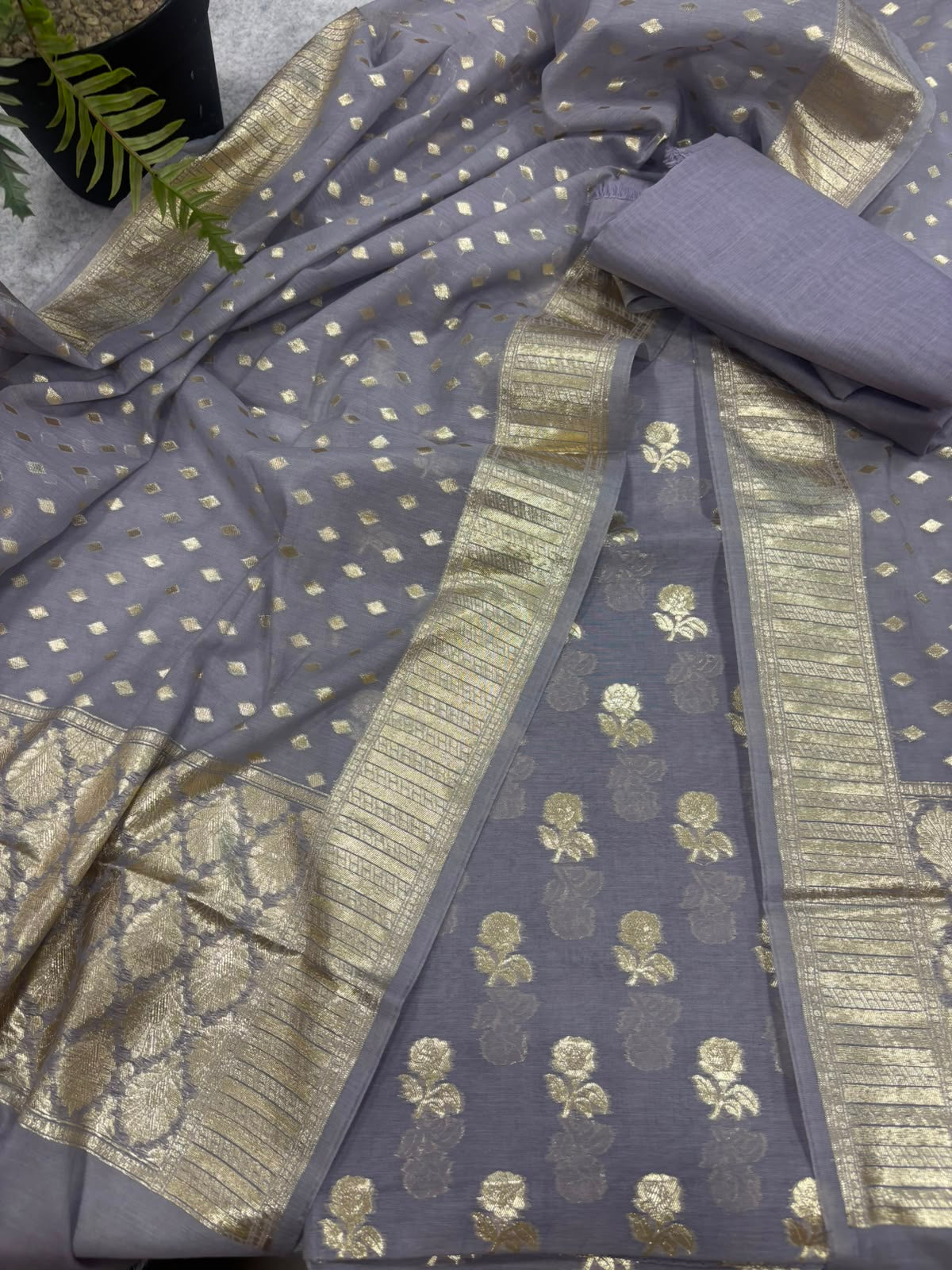 Grey Banarasi Chanderi Silk Unstitched Suit Set —  Festive