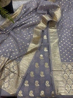 Grey Banarasi Chanderi Silk Unstitched Suit Set —  Festive