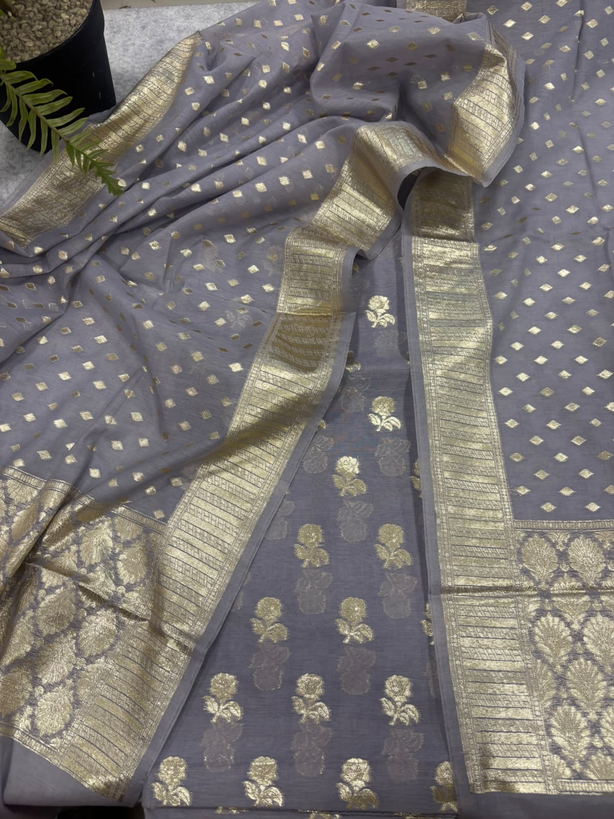 Grey Banarasi Chanderi Silk Unstitched Suit Set —  Festive