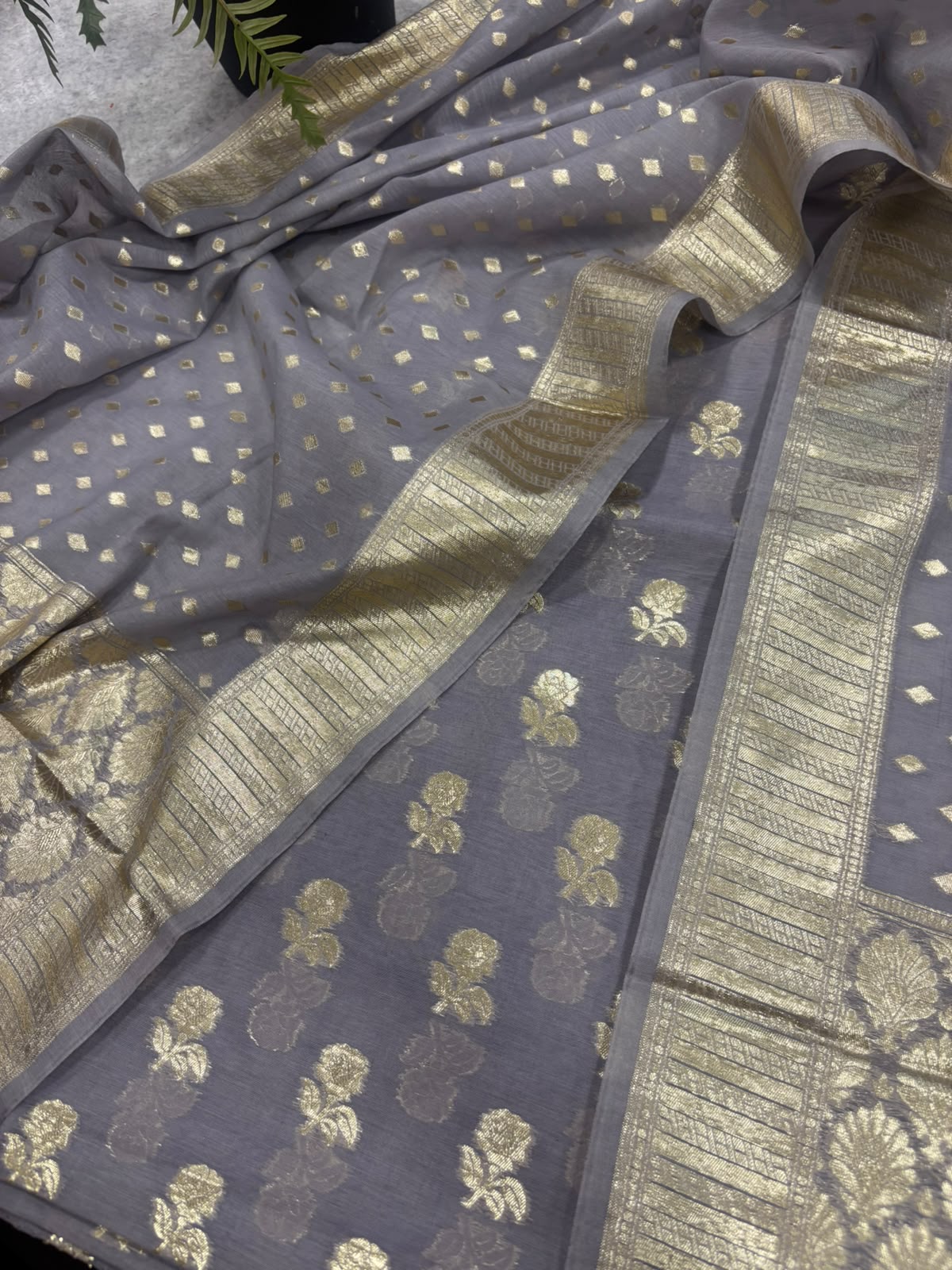 Grey Banarasi Chanderi Silk Unstitched Suit Set —  Festive