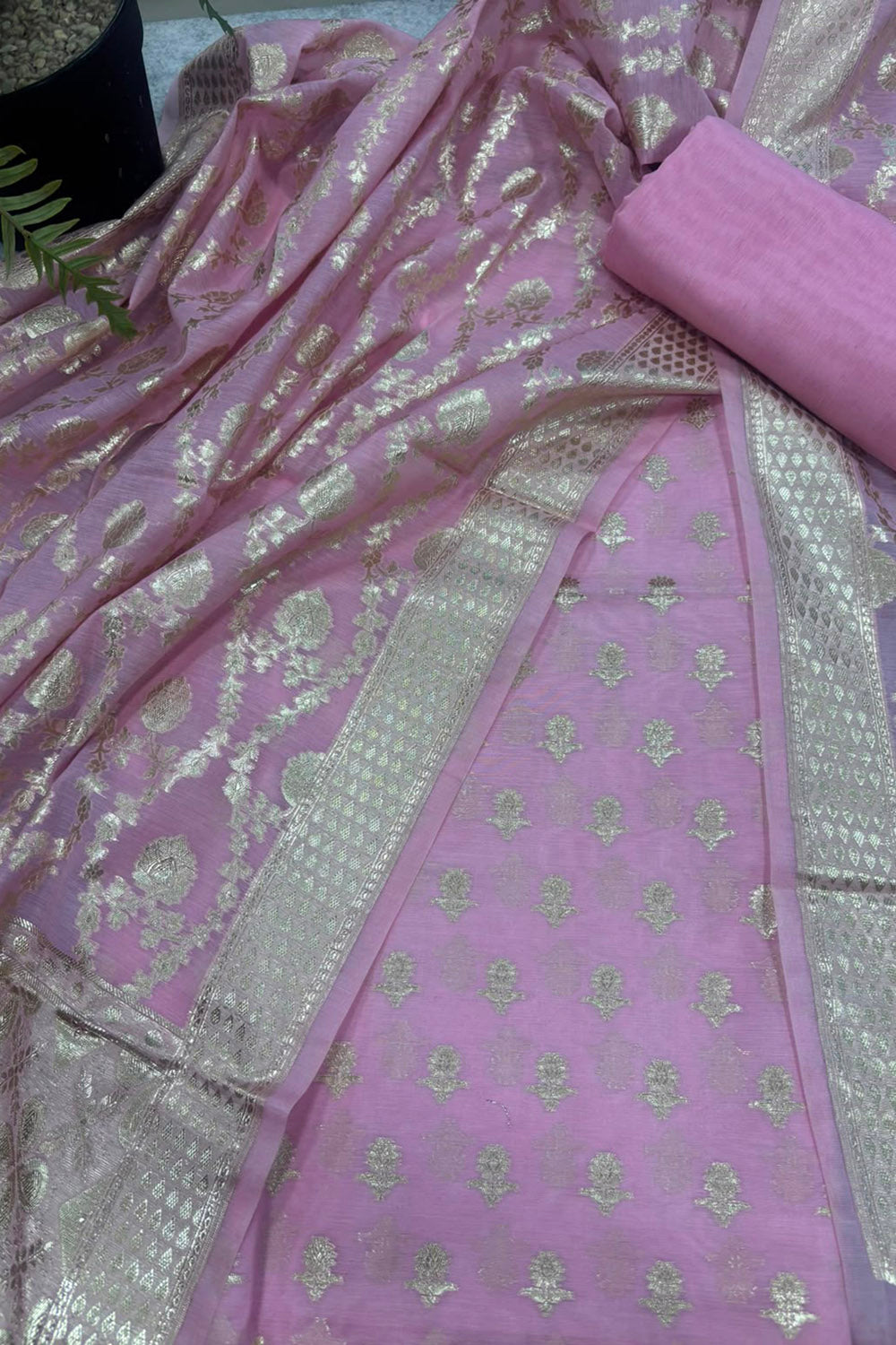 Pink Banarasi Chanderi Silk Unstitched Suit Set — Artisan Weave, Bridal