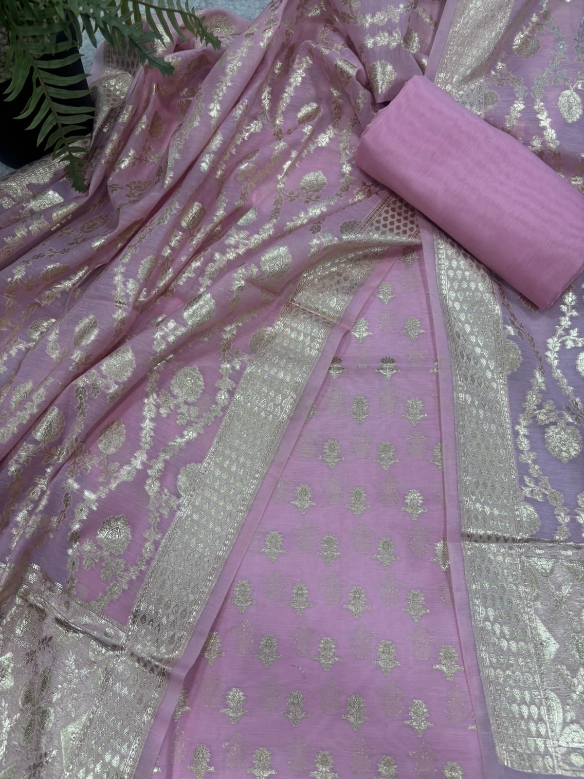 Pink Banarasi Chanderi Silk Unstitched Suit Set — Artisan Weave, Bridal