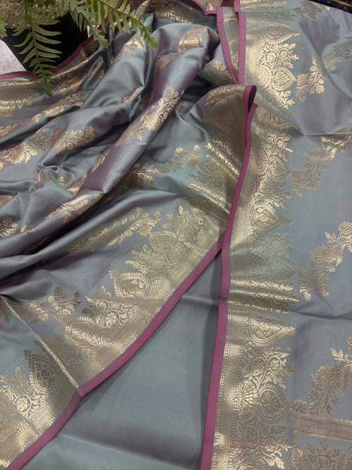 IS4B1GF226071311 Grey Banarasi Silk Three Piece Unstitched Suit Set