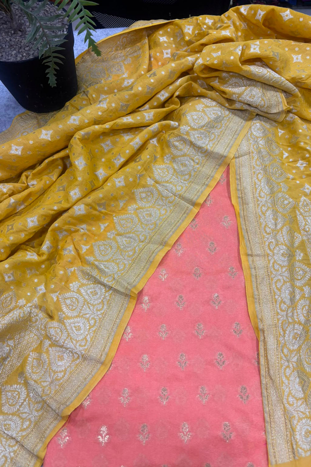 Peach Banarasi Chiniya Silk Suit With Yellow Moonga Silk Dupatta — Handwoven, Festive