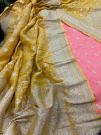 Peach Banarasi Chiniya Silk Suit With Yellow Moonga Silk Dupatta — Handwoven, Festive