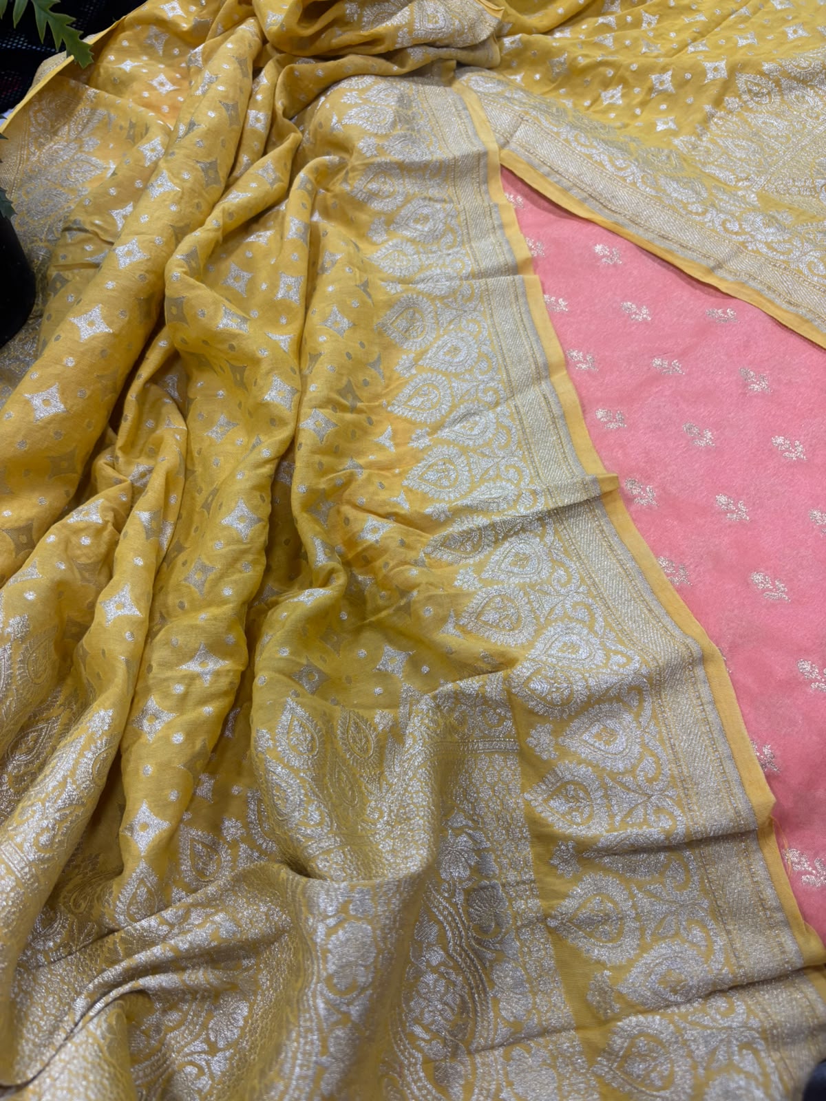 Peach Banarasi Chiniya Silk Suit With Yellow Moonga Silk Dupatta — Handwoven, Festive