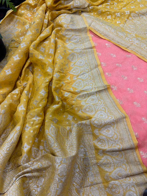 IS4B1GF226071312 Peach Banarasi Chiniya Silk Suit With Yellow Moonga Silk Dupatta