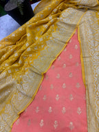 Peach Banarasi Chiniya Silk Suit With Yellow Moonga Silk Dupatta — Handwoven, Festive