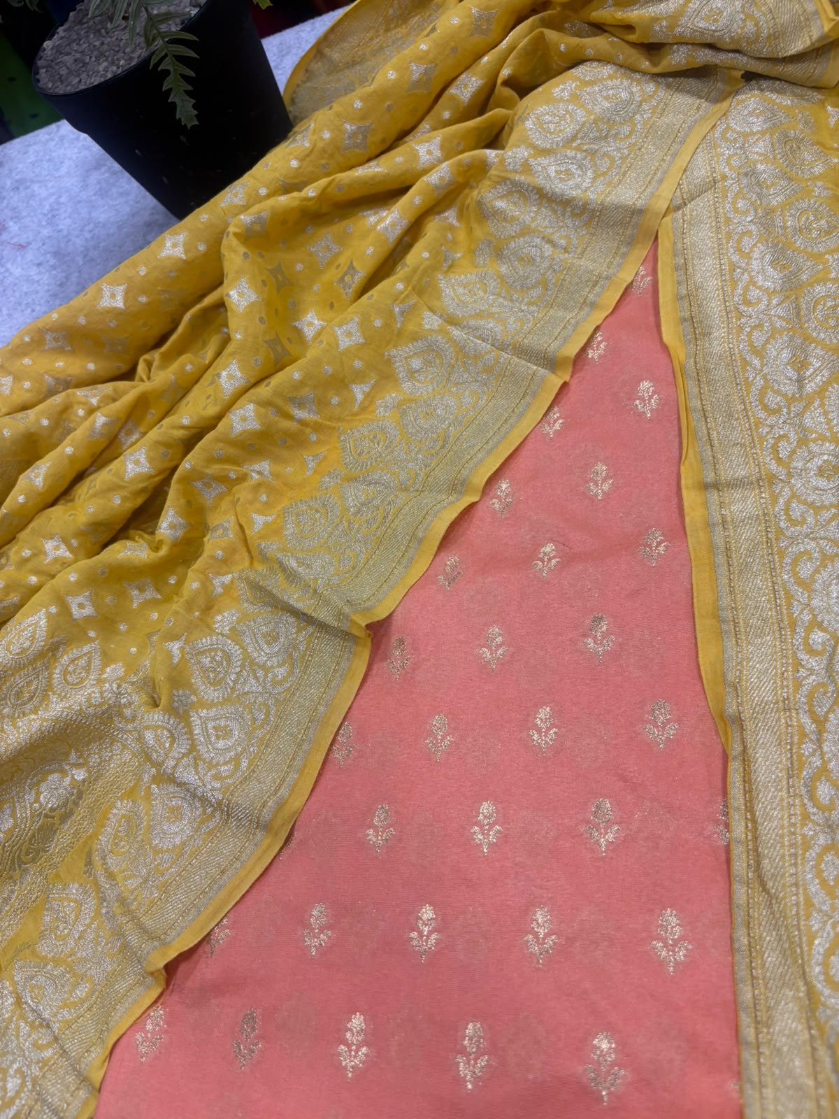 Peach Banarasi Chiniya Silk Suit With Yellow Moonga Silk Dupatta — Handwoven, Festive