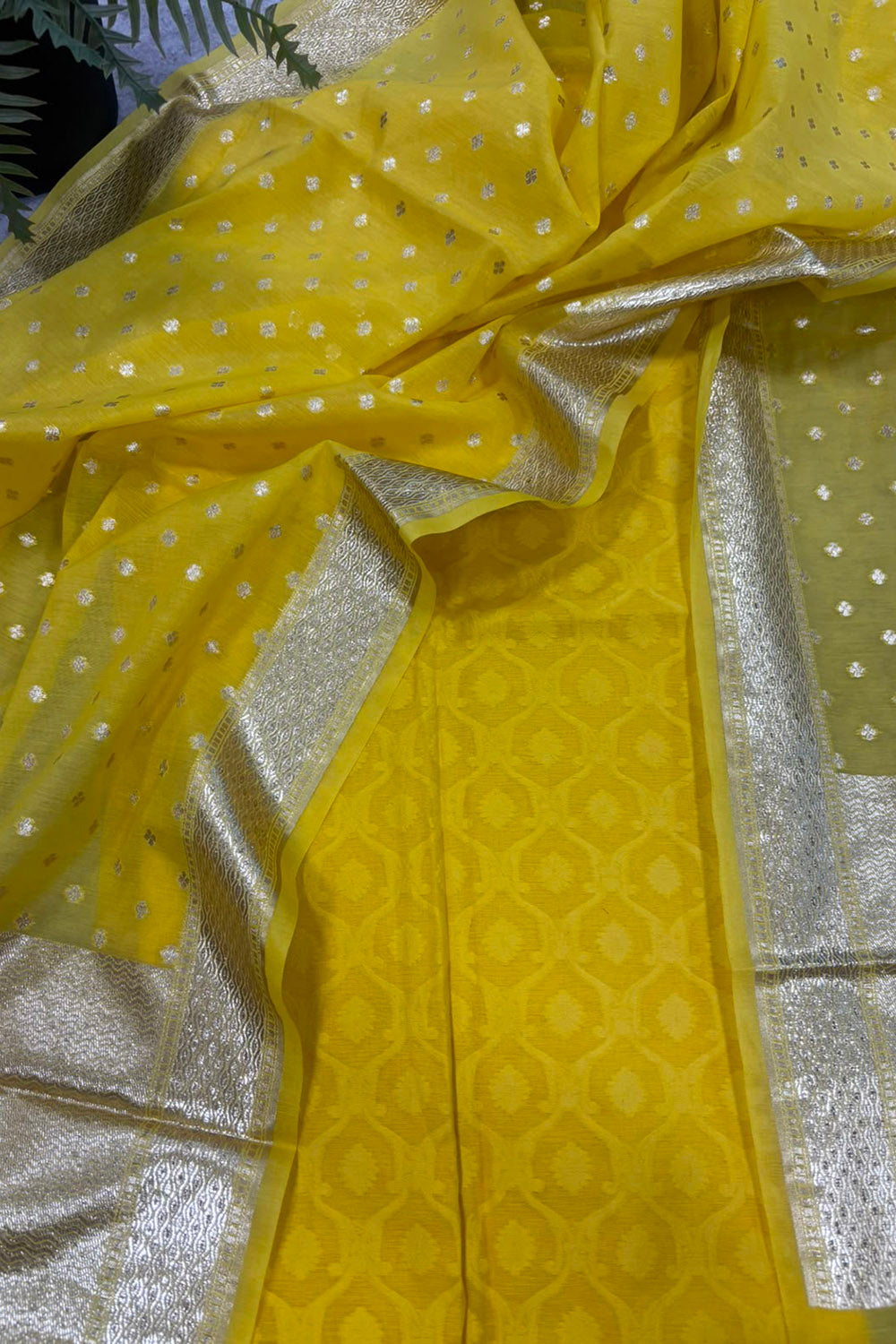 Yellow Banarasi Cotton Suit With Yellow Chanderi Silk Dupatta —  Festive