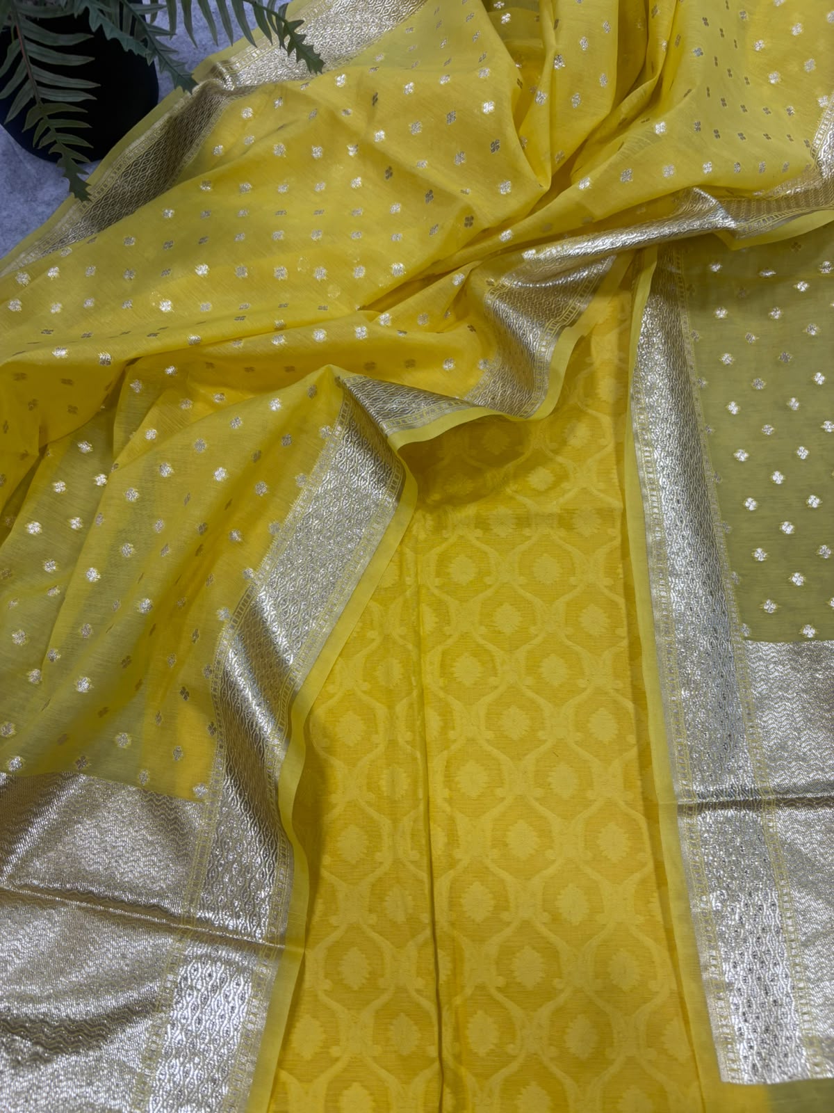 Yellow Banarasi Cotton Suit With Yellow Chanderi Silk Dupatta —  Festive
