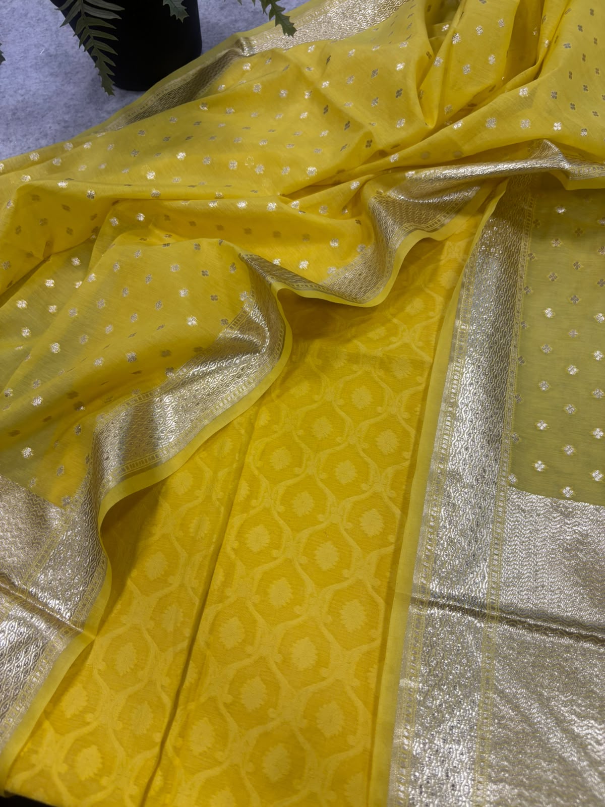 Yellow Banarasi Cotton Suit With Yellow Chanderi Silk Dupatta —  Festive
