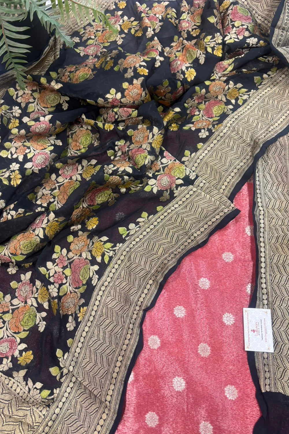 Peach Banarasi Tissue Silk Booti Suit With Black Georgette Dupatta — Handwoven