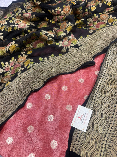 IS4B1GF226071314 Peach Banarasi Tissue Silk Booti Design Suit With Black Banarasi Handloom Brush Dye Pure Georgette Dupatta